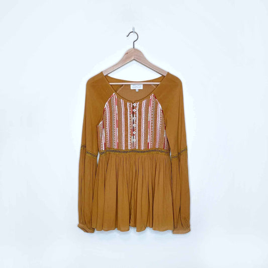rahi cali mustard embroidered boho long sleeve top - size xs