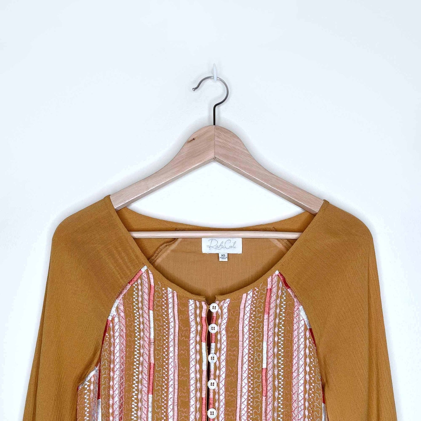 rahi cali mustard embroidered boho long sleeve top - size xs