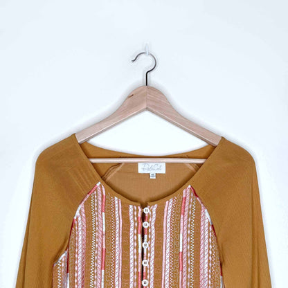 rahi cali mustard embroidered boho long sleeve top - size xs