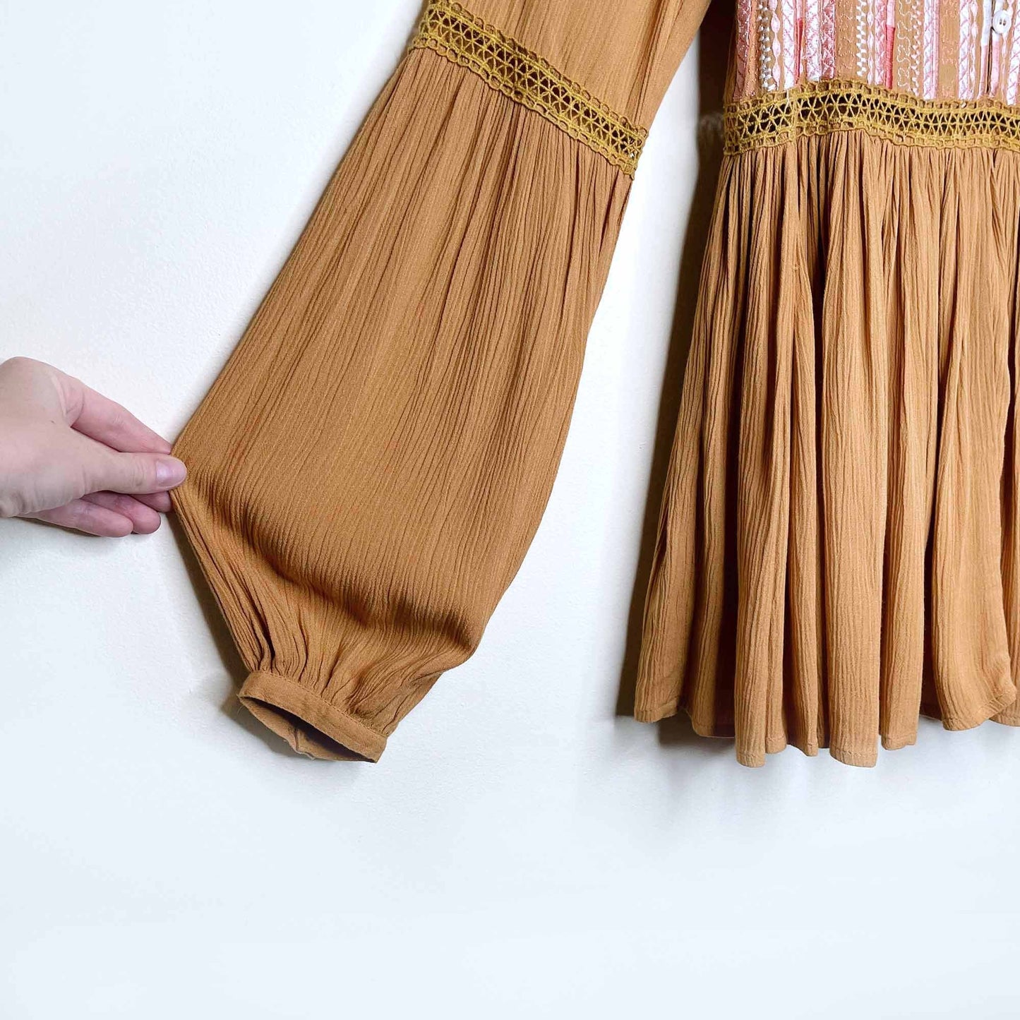 rahi cali mustard embroidered boho long sleeve top - size xs