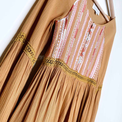 rahi cali mustard embroidered boho long sleeve top - size xs