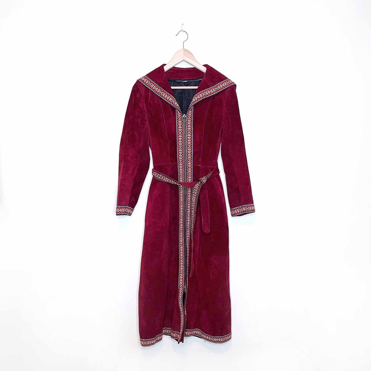 vintage 70's red suede long jacket with woven boho trim - size xs/sm
