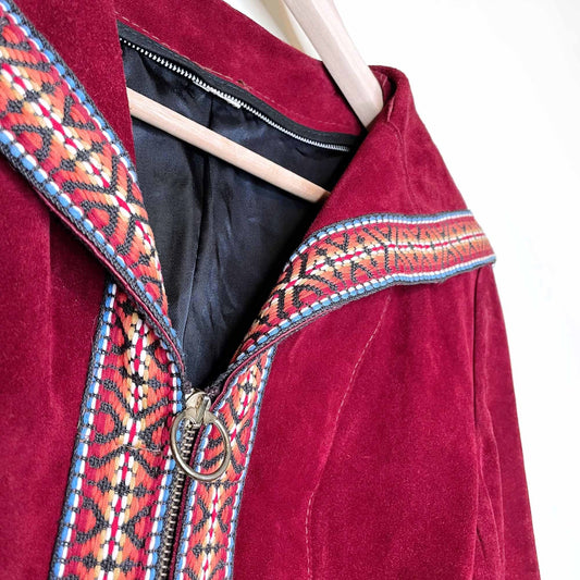 vintage 70's red suede long jacket with woven boho trim - size xs/sm