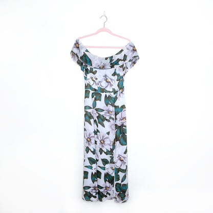 reformation off-shoulder white floral midi dress - size 4