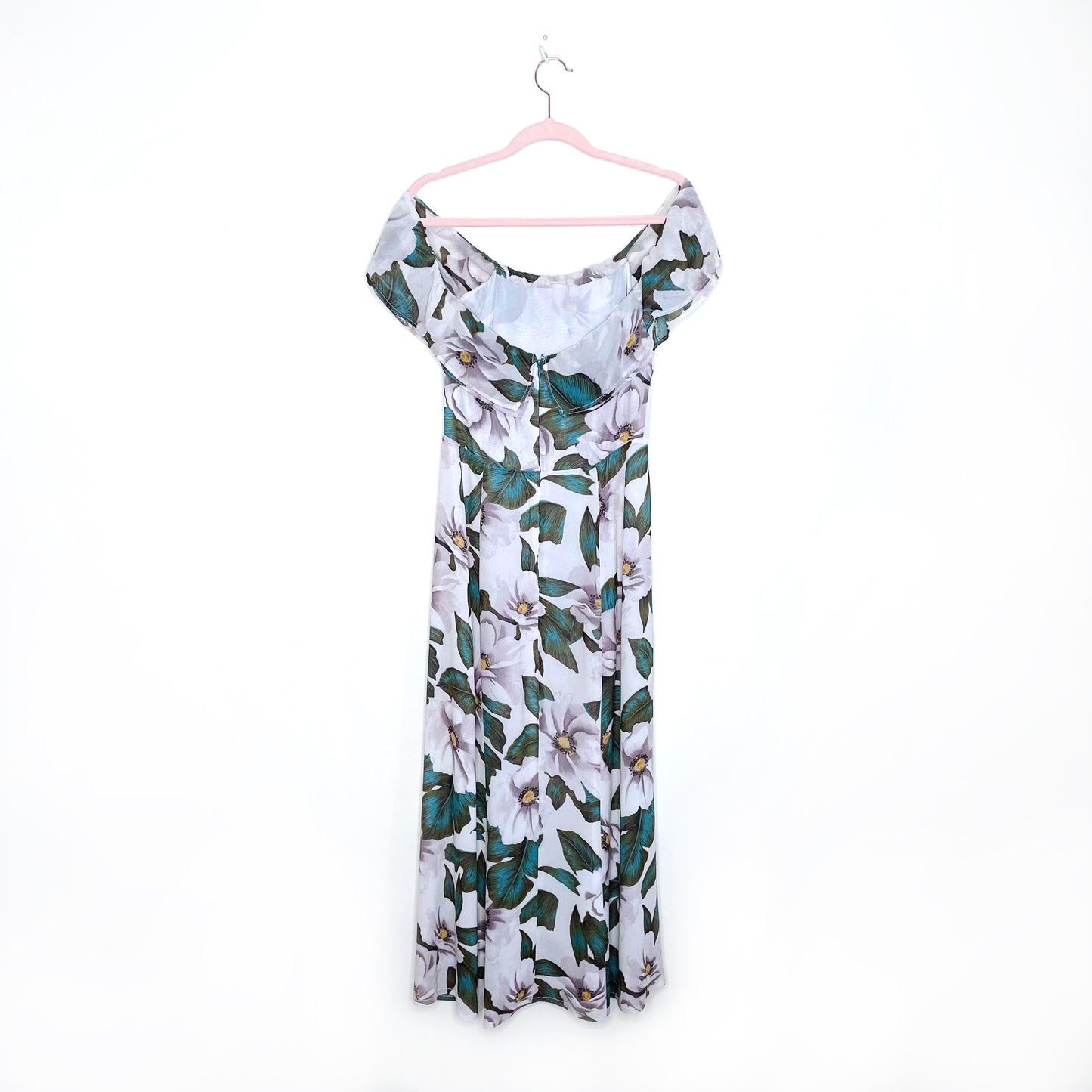 reformation off-shoulder white floral midi dress - size 4