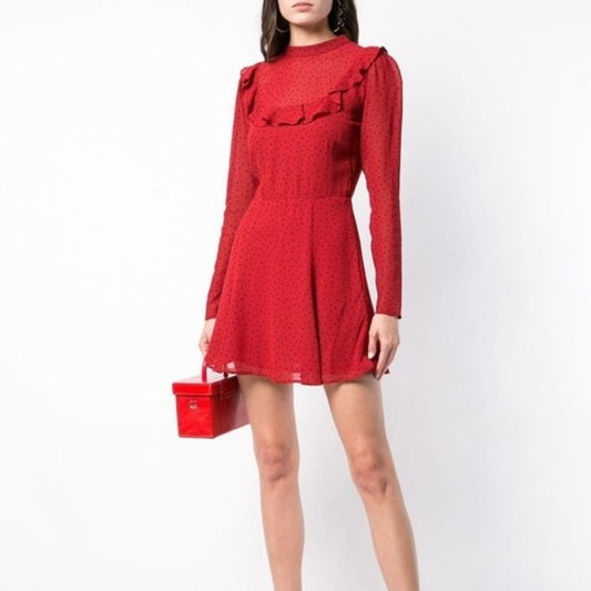 reformation spark polka dot chiffon ruffle long sleeve dress - size 4