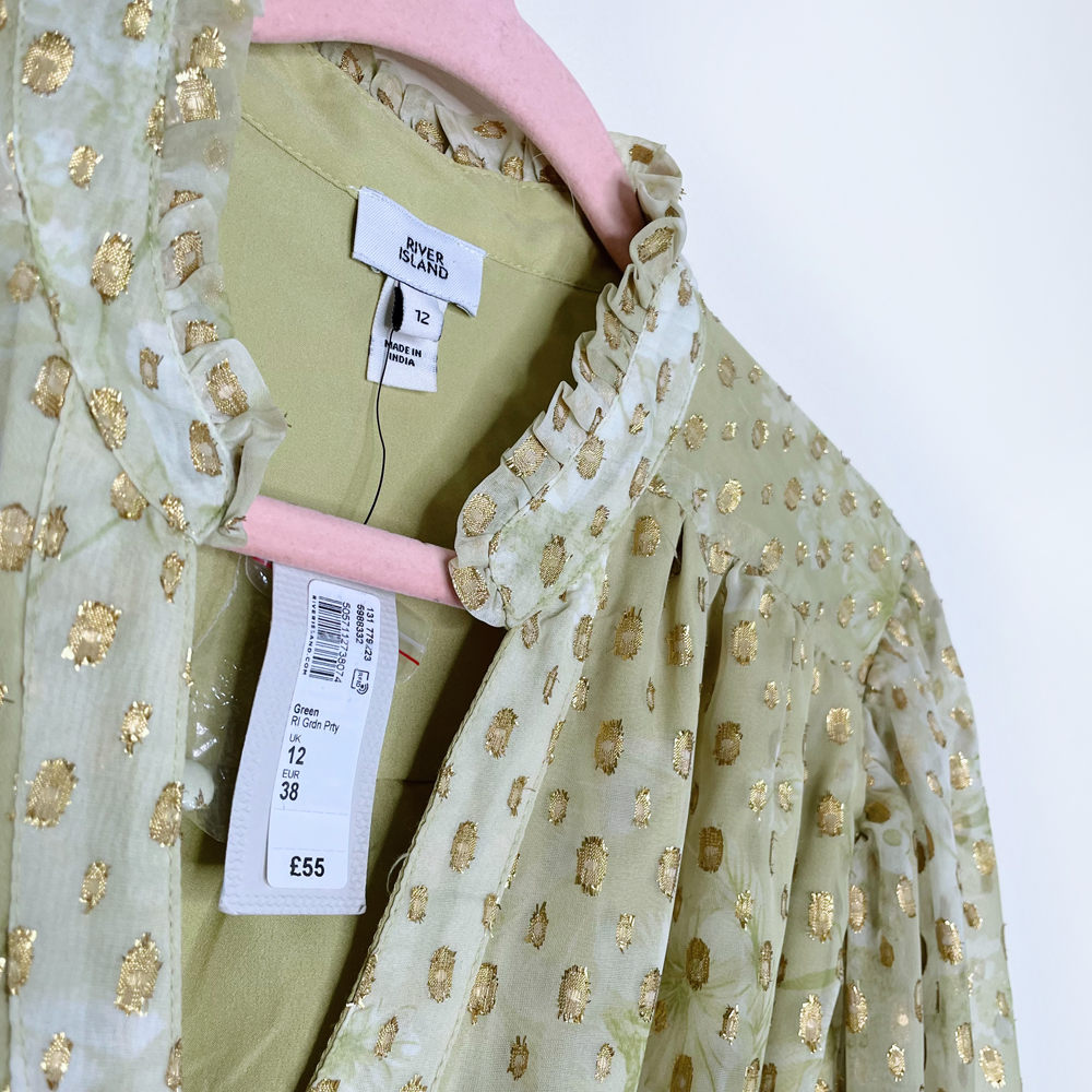 nwt river island green metallic garden party dress - size 12