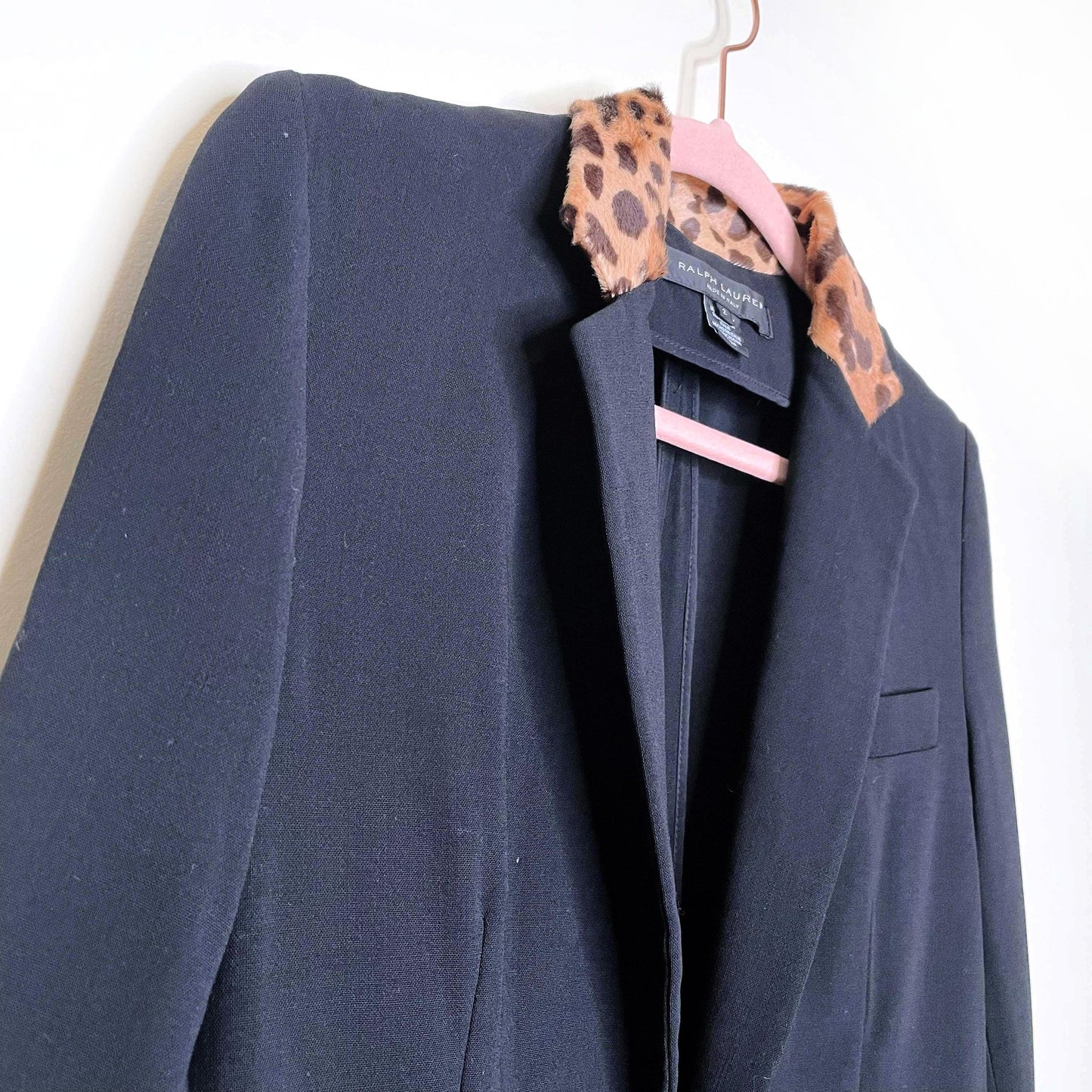 ralph lauren black label stretch wool blazer with leopard collar - size 2