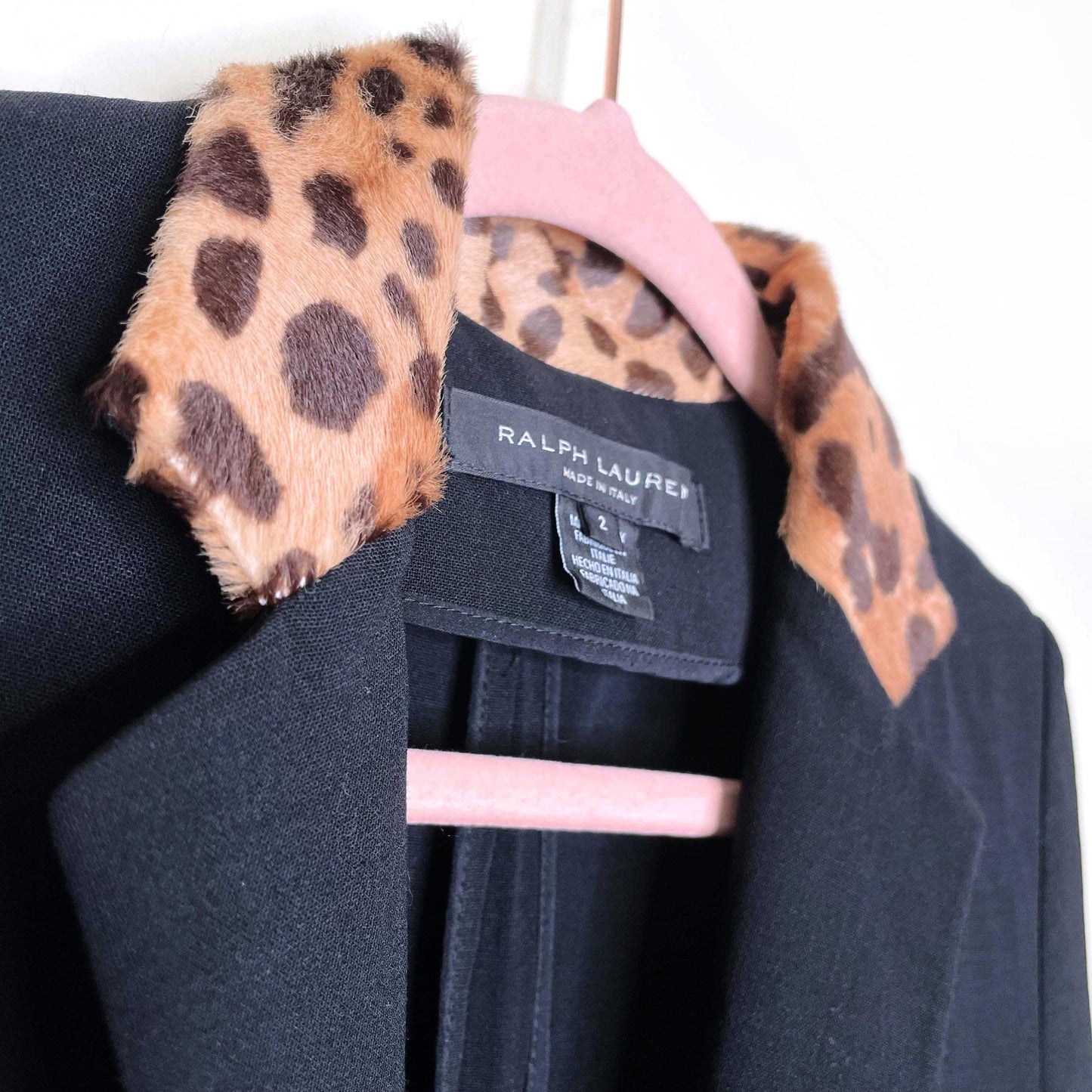 ralph lauren black label stretch wool blazer with leopard collar - size 2
