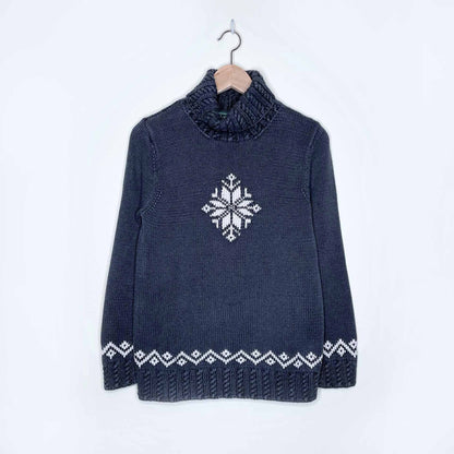 lauren ralph lauren hand-knit snowflake turtleneck - size small
