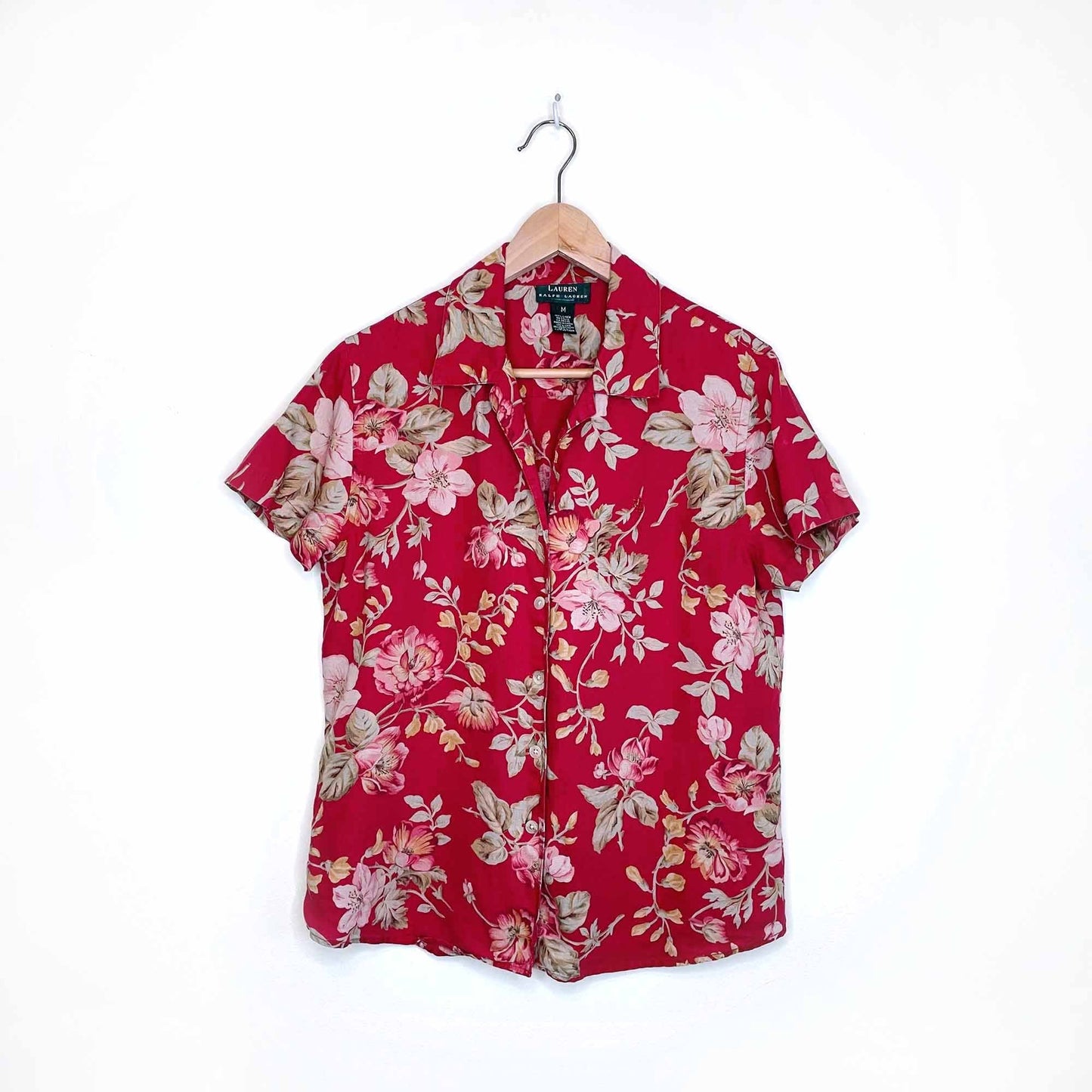 lauren ralph lauren red floral linen button down shirt - size medium