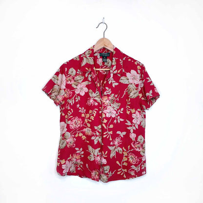 lauren ralph lauren red floral linen button down shirt - size medium