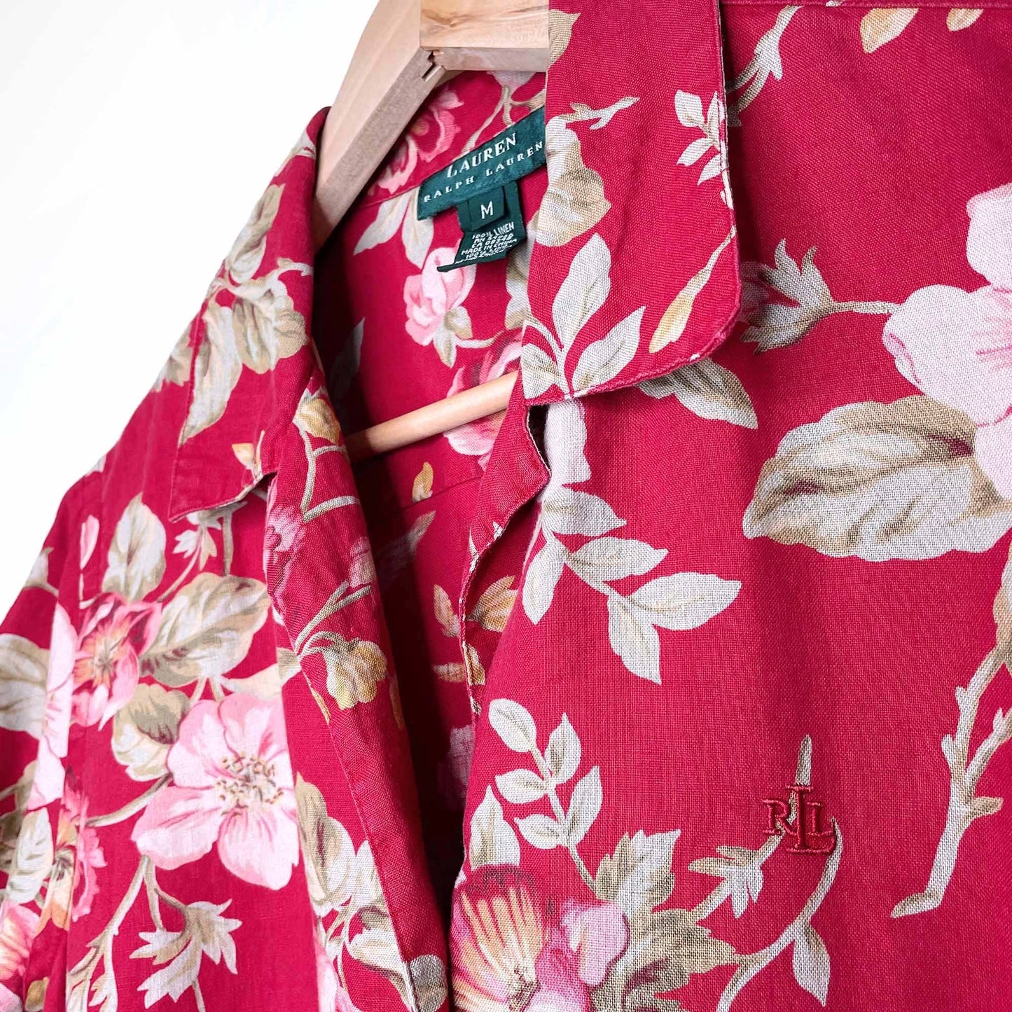 lauren ralph lauren red floral linen button down shirt - size medium