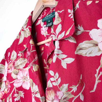 lauren ralph lauren red floral linen button down shirt - size medium
