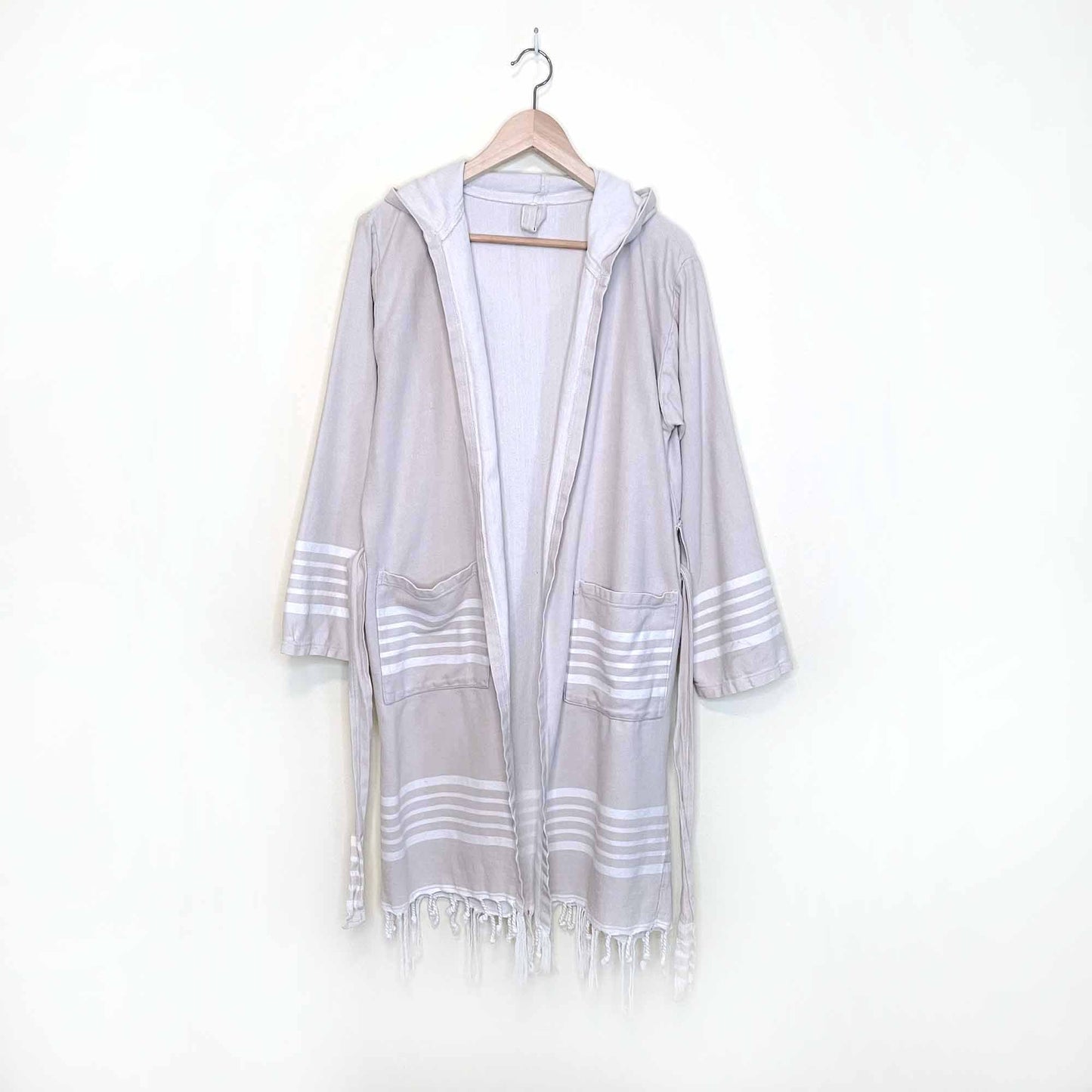 turkish towel spa bath robe with stripe and fringe hem - sm/med