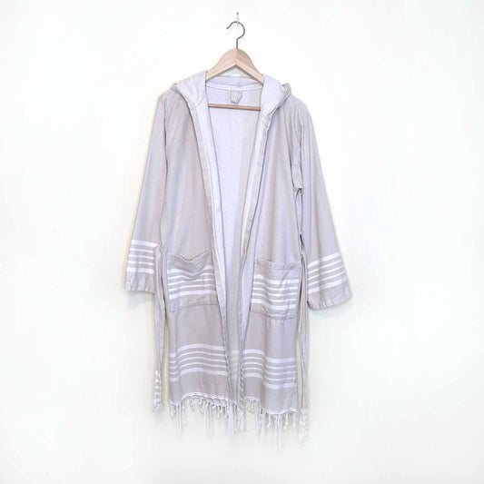 turkish towel spa bath robe with stripe and fringe hem - sm/med