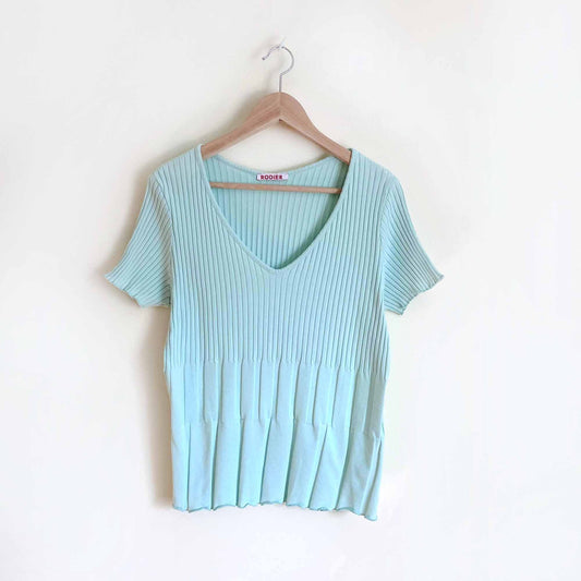 rodier cotton ribbed mint v-neck tee - size large