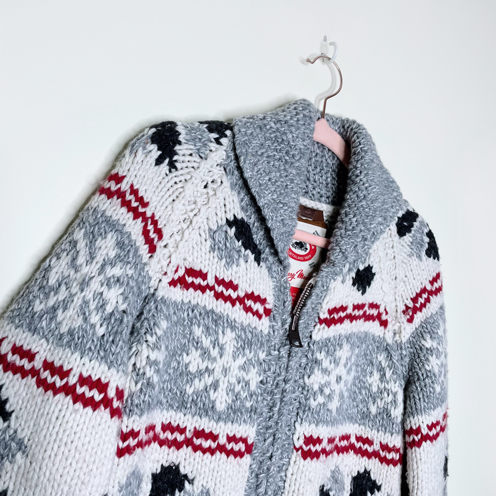 roots x mary maxim cowichan snowflake wool cardigan jacket - size xs
