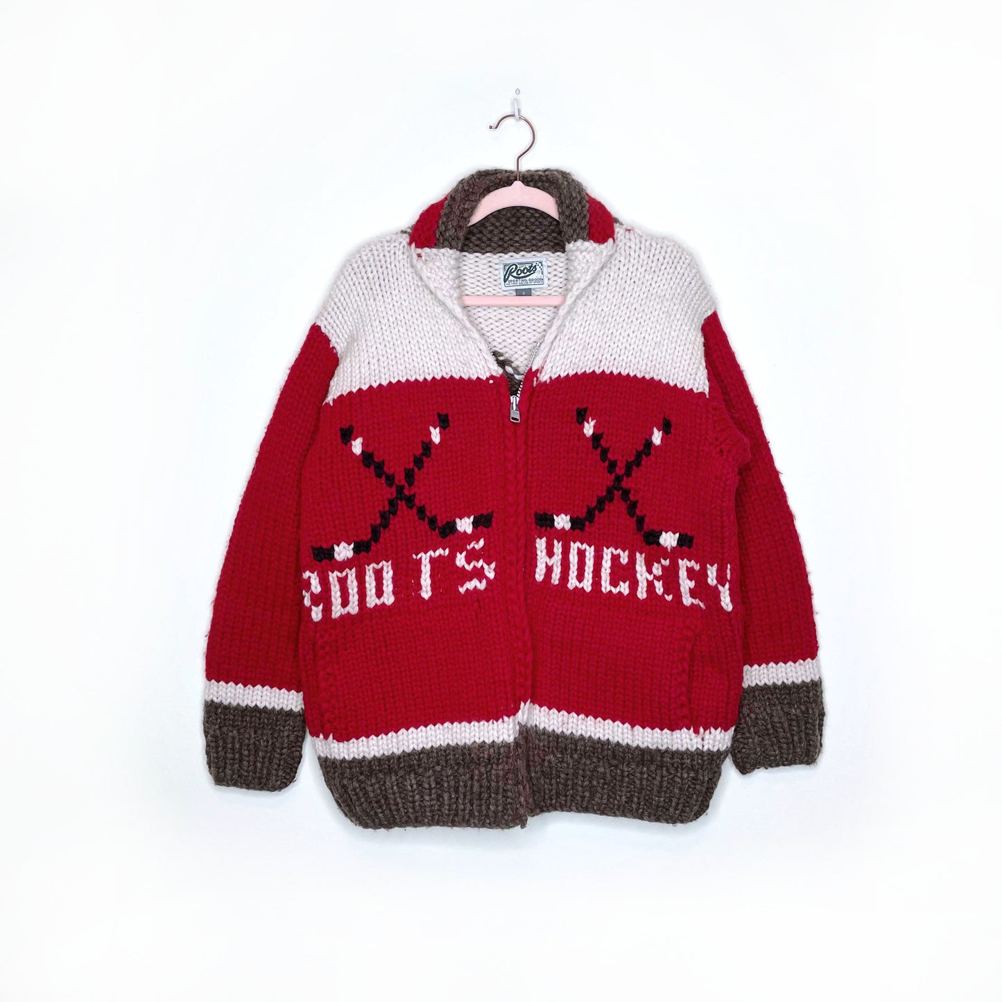 roots hockey chunky knit cowichan cardigan sweater - size medium
