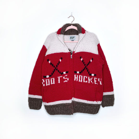 roots hockey chunky knit cowichan cardigan sweater - size medium