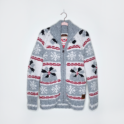 roots x mary maxim cowichan snowflake wool cardigan jacket - size xs
