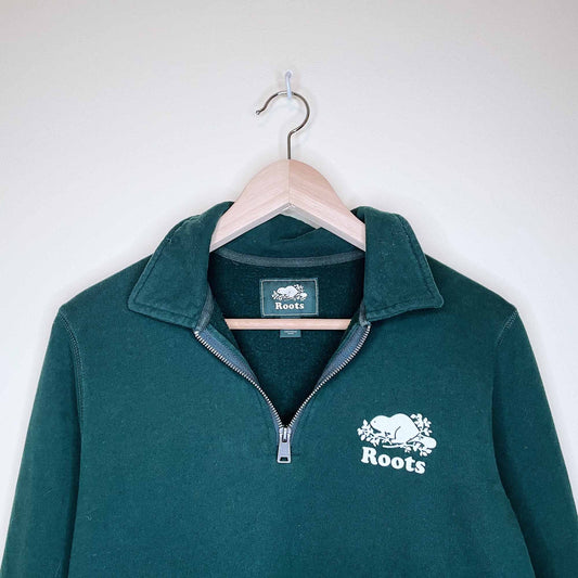 roots original zip polo 1/4 zip sweatshirt in varsity green - size small
