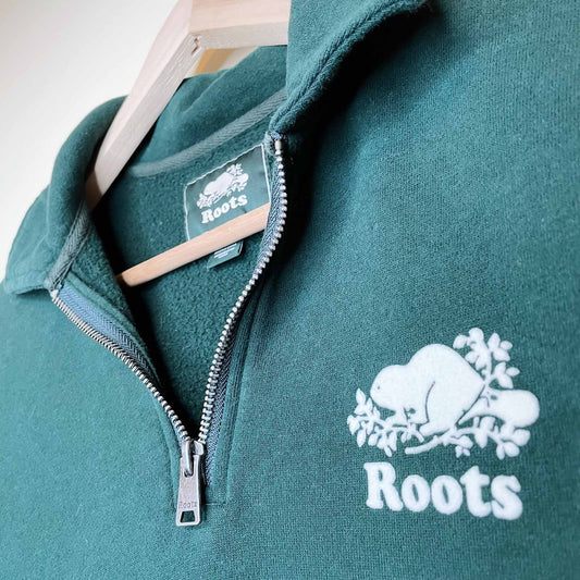 roots original zip polo 1/4 zip sweatshirt in varsity green - size small