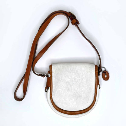 vintage roots white leather saddle crossbody with brown trim
