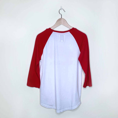 roots canada red and white baseball tee - size small