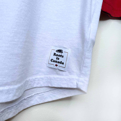 roots canada red and white baseball tee - size small