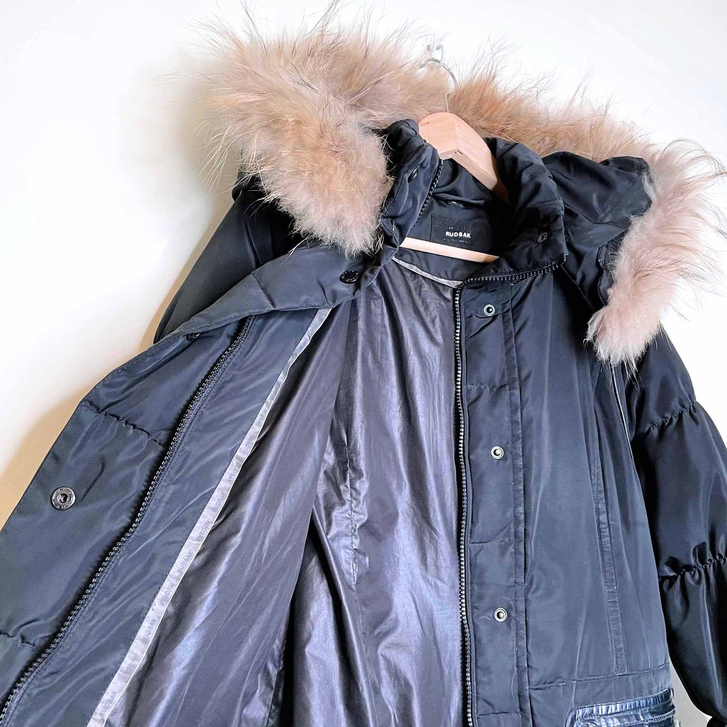 rudsak hooded down belted puffer jacket with fur - size large