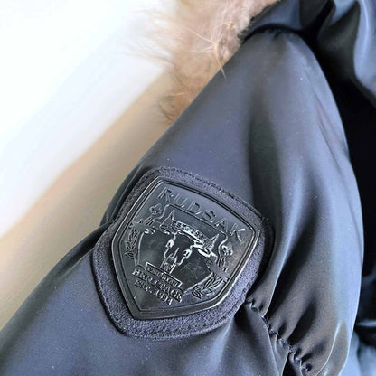 rudsak hooded down belted puffer jacket with fur - size large