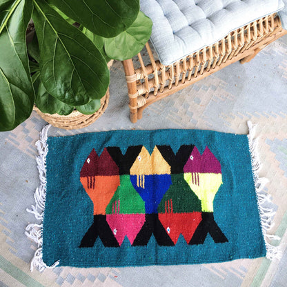 Woven Mexican Zapotec fish rug tapestry - 19x31"