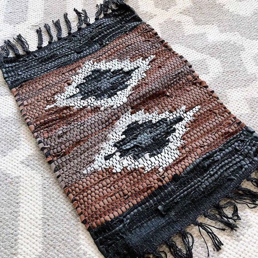 vintage hand woven boho moroccan leather rug