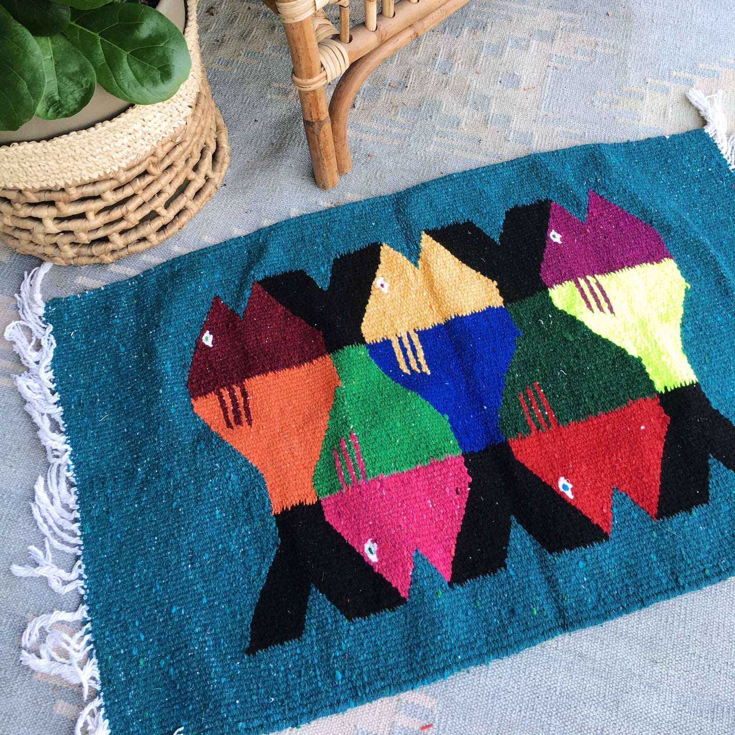 Woven Mexican Zapotec fish rug tapestry - 19x31"