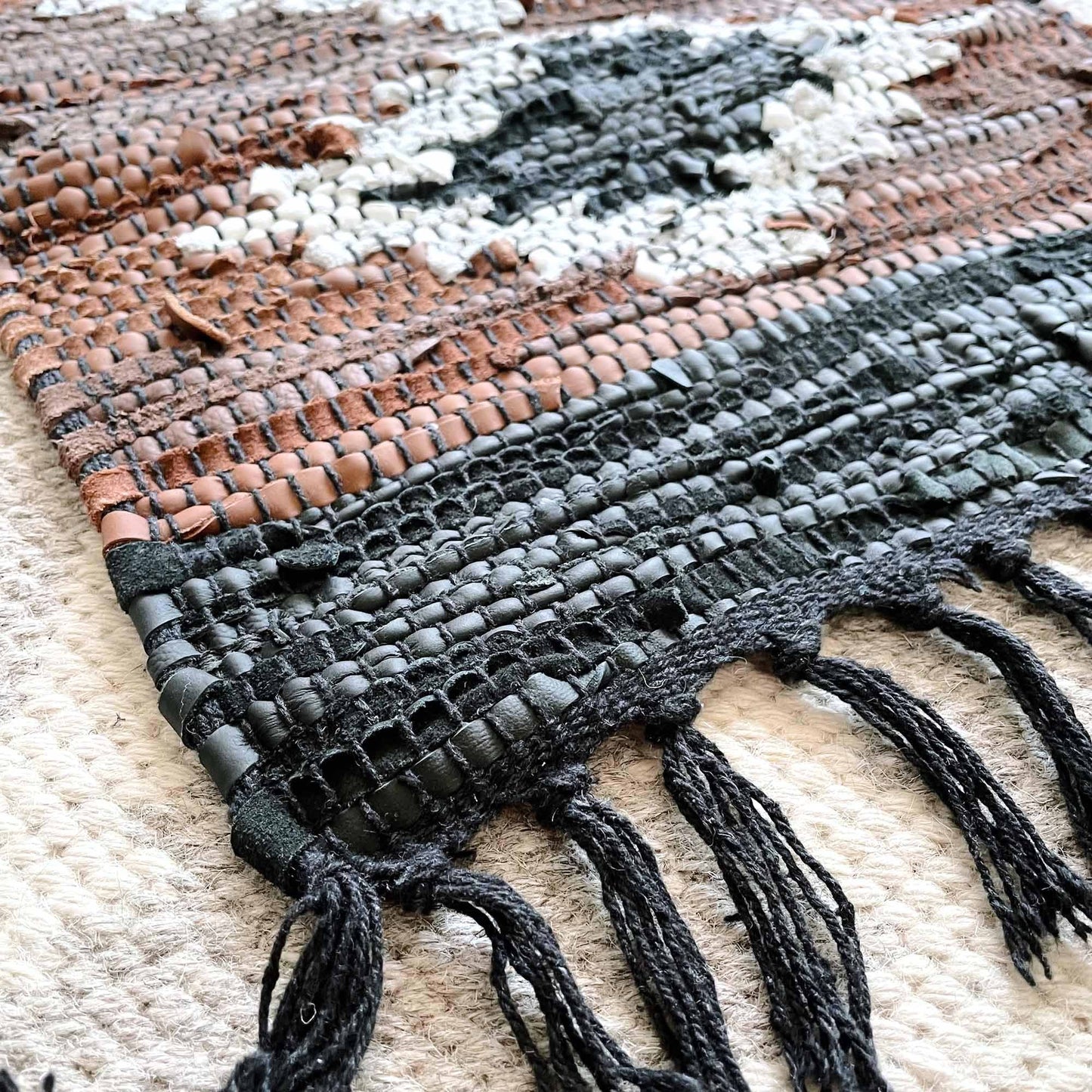 vintage hand woven boho moroccan leather rug