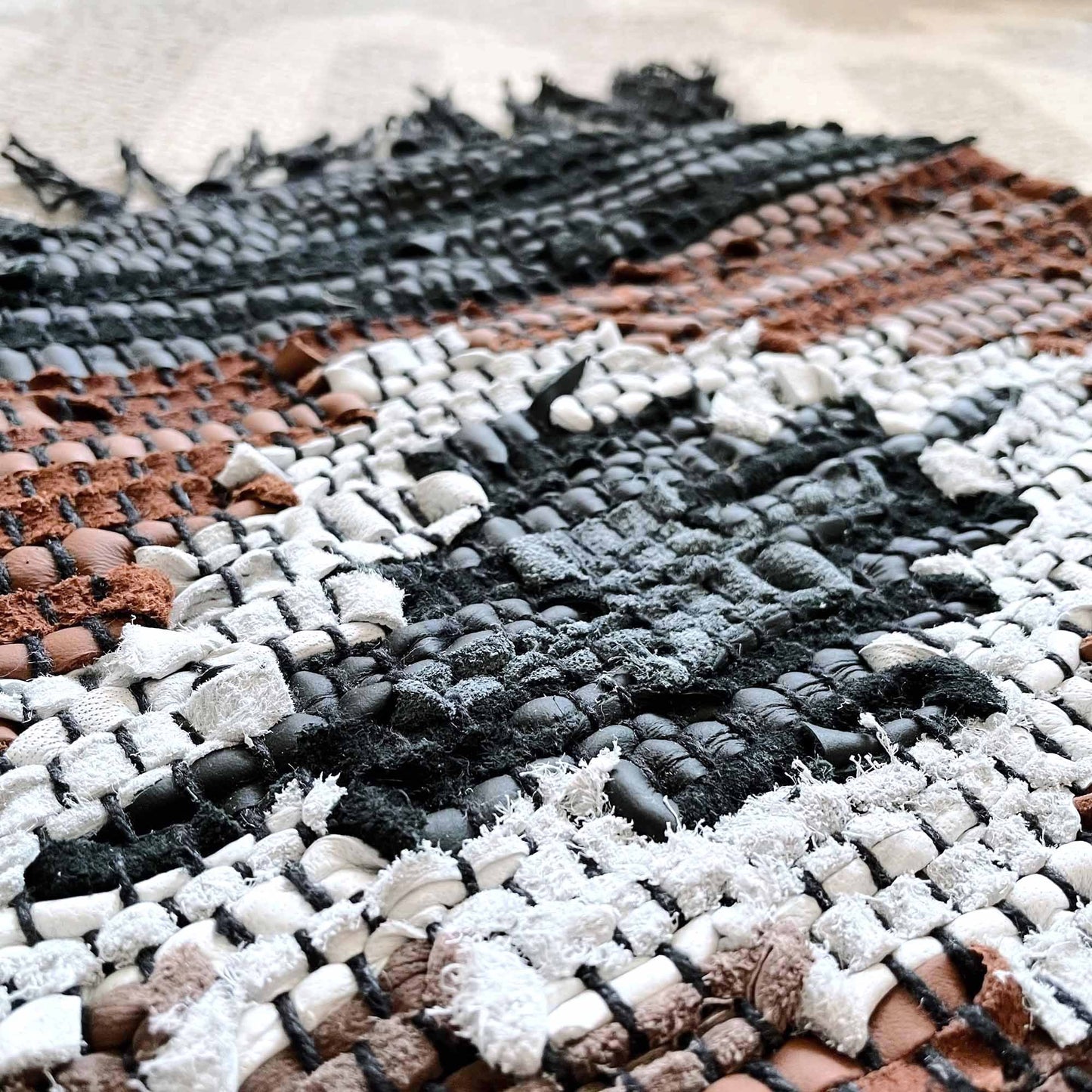 vintage hand woven boho moroccan leather rug