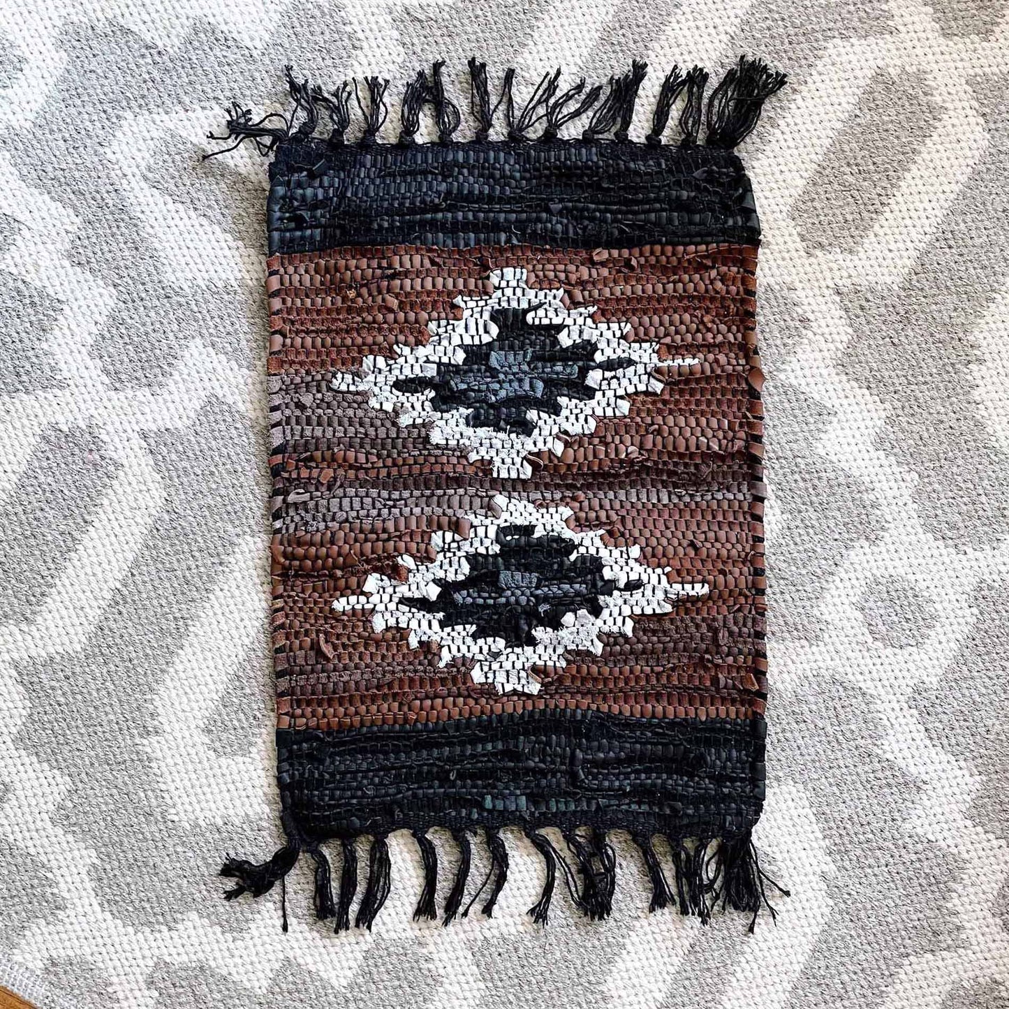 vintage hand woven boho moroccan leather rug
