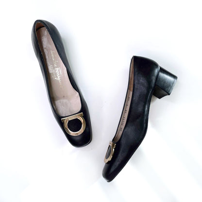 salvatore ferragamo black leather buckle day heel - size 8