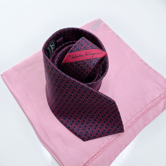 vintage salvatore ferragamo blue red silk horseshoe tie and pocket square