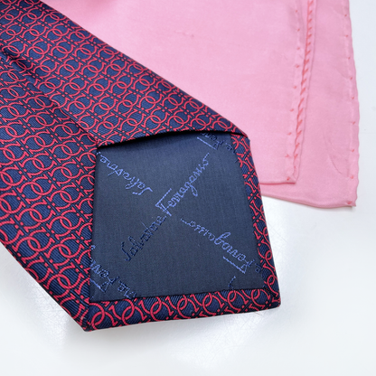 vintage salvatore ferragamo blue red silk horseshoe tie and pocket square
