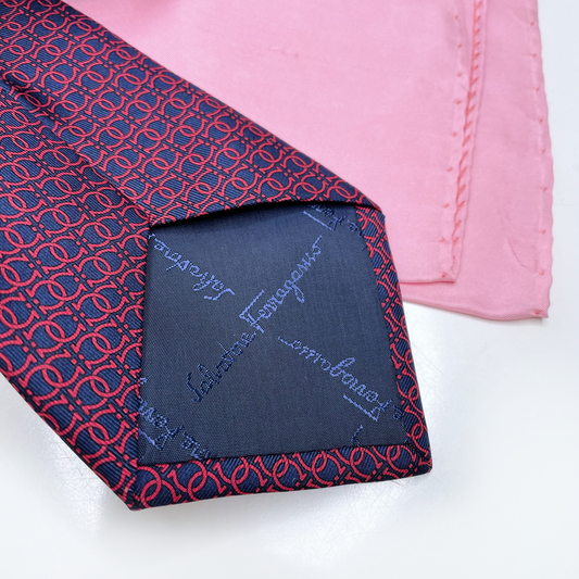 vintage salvatore ferragamo blue red silk horseshoe tie and pocket square
