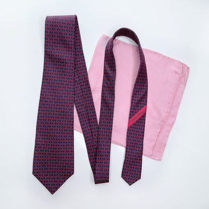 vintage salvatore ferragamo blue red silk horseshoe tie and pocket square