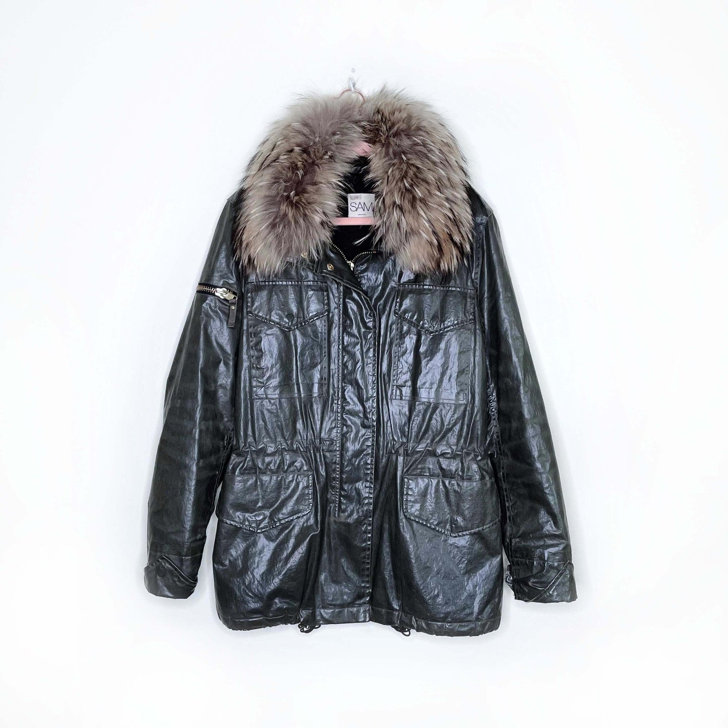 SAM. hudson waxed cotton anorak parka with fur hood - size large
