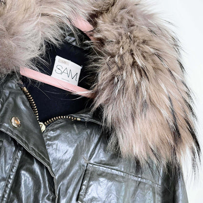 SAM. hudson waxed cotton anorak parka with fur hood - size large