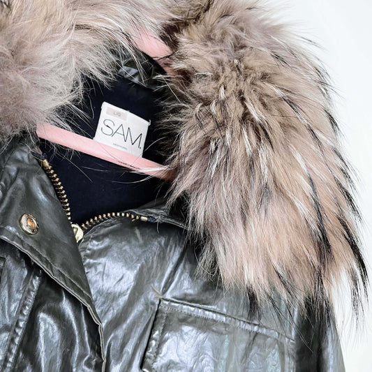 SAM. hudson waxed cotton anorak parka with fur hood - size large