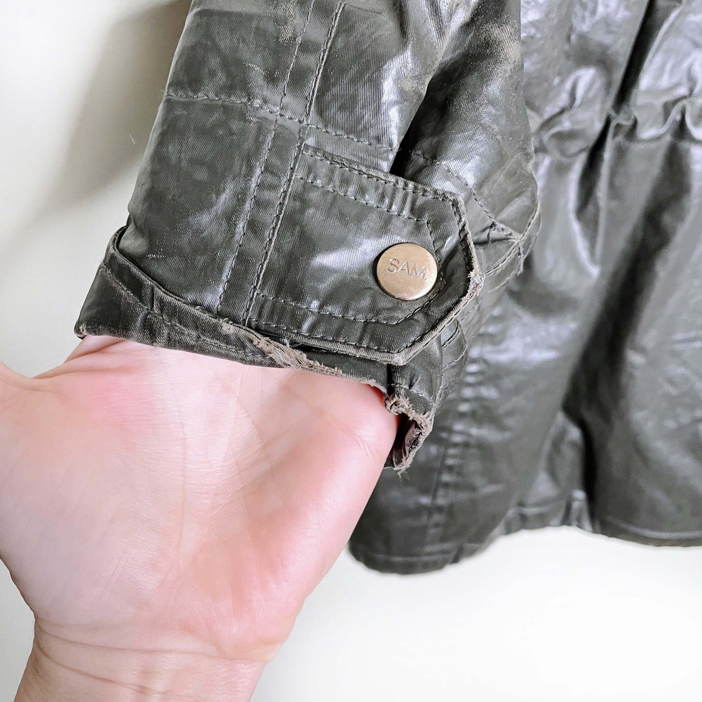 SAM. hudson waxed cotton anorak parka with fur hood - size large