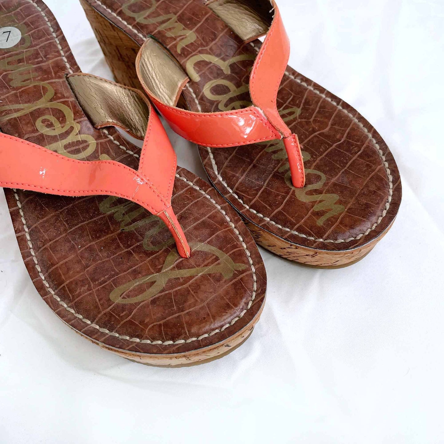 sam edelman romy coral cork wedge thong sandal - size 7