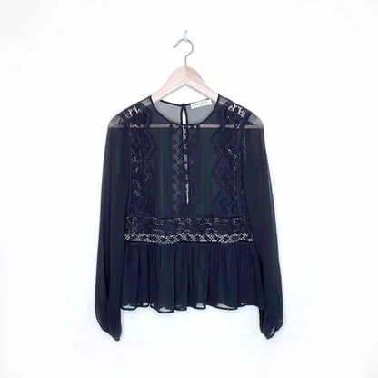 sandro paris black chiffon lace peplum hem blouse - size 2