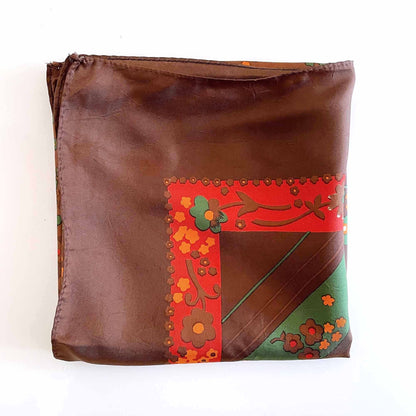 vintage 70's brown orange folk floral square hair neck scarf - 30"